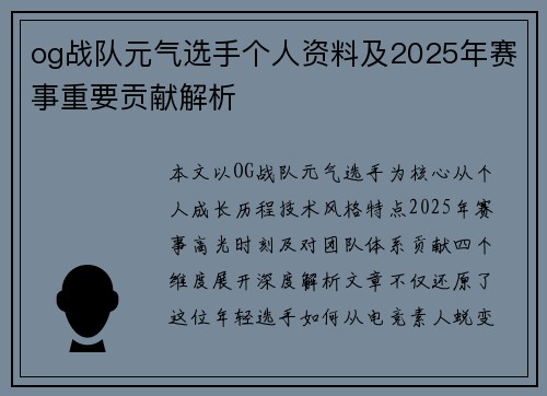 og战队元气选手个人资料及2025年赛事重要贡献解析